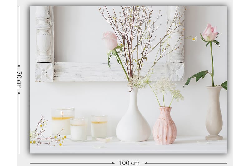Lerretsbilde 70x100 cm - Rolig komposisjon av blomster i forskjellige vaser med en romantisk følelse - Lys rosa / Hvit / Beige - Interiør - Maleri & posters - Lerretsbilder