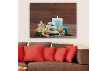 Lerretsbilde 70x100 cm - Rolig komposisjon av steiner, blomster og stearinlys som skaper en avslappende atmosfære - Lys blå / Hvit / Grønn - Interiør - Maleri & posters - Lerretsbilder