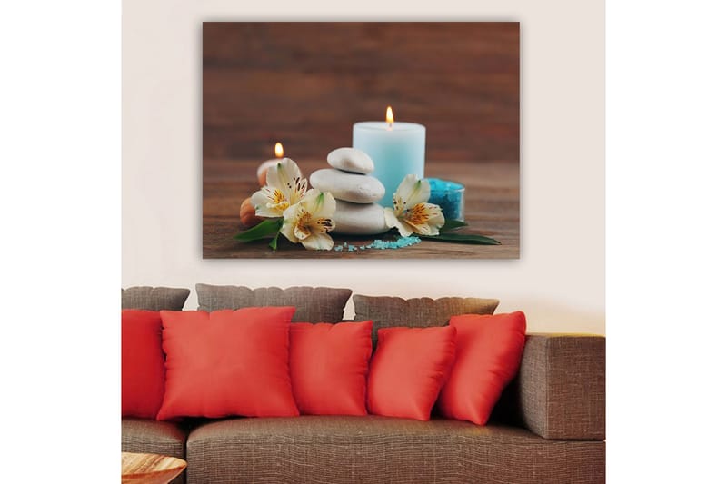 Lerretsbilde 70x100 cm - Rolig komposisjon av steiner, blomster og stearinlys som skaper en avslappende atmosfære - Lys blå / Hvit / Grønn - Interiør - Maleri & posters - Lerretsbilder