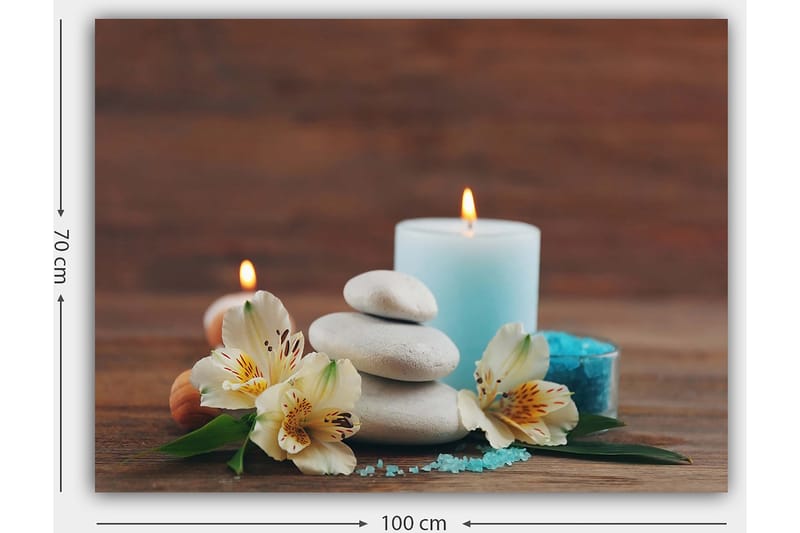 Lerretsbilde 70x100 cm - Rolig komposisjon av steiner, blomster og stearinlys som skaper en avslappende atmosfære - Lys blå / Hvit / Grønn - Interiør - Maleri & posters - Lerretsbilder