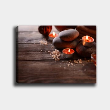 Lerretsbilde 70x100 cm - Rolig komposisjon av steiner og tente lys som skaper en avslappende atmosfære - Grå / Oransje / Brun - Interiør - Maleri & posters - Lerretsbilder