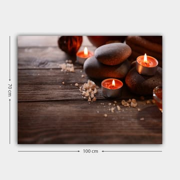 Lerretsbilde 70x100 cm - Rolig komposisjon av steiner og tente lys som skaper en avslappende atmosfære - Grå / Oransje / Brun - Interiør - Maleri & posters - Lerretsbilder