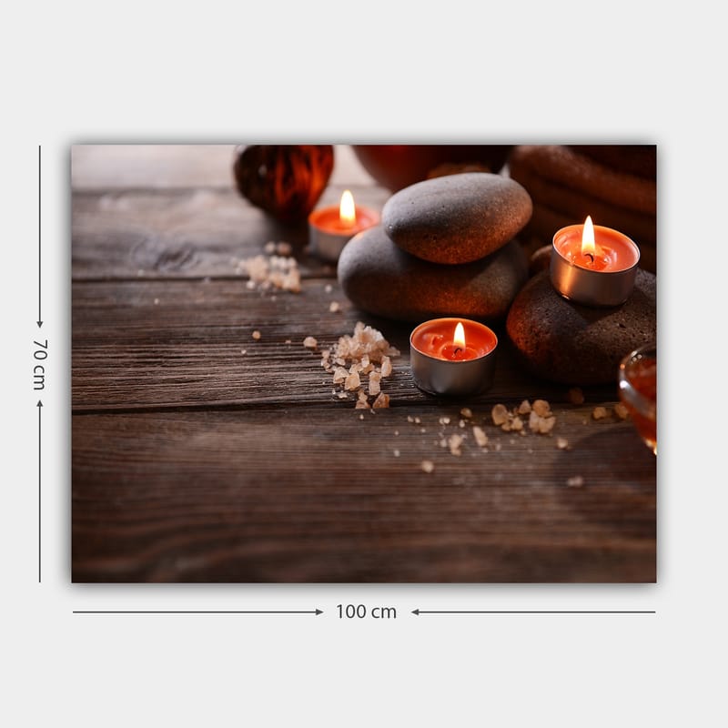 Lerretsbilde 70x100 cm - Rolig komposisjon av steiner og tente lys som skaper en avslappende atmosfære - Grå / Oransje / Brun - Interiør - Maleri & posters - Lerretsbilder