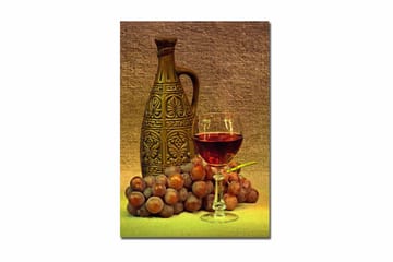 Lerretsbilde 70x100 cm - Rolig komposisjon med en dekorativ mugge, et glass vin og druer - Brun / Burgunder / Grå - Interiør - Maleri & posters - Lerretsbilder