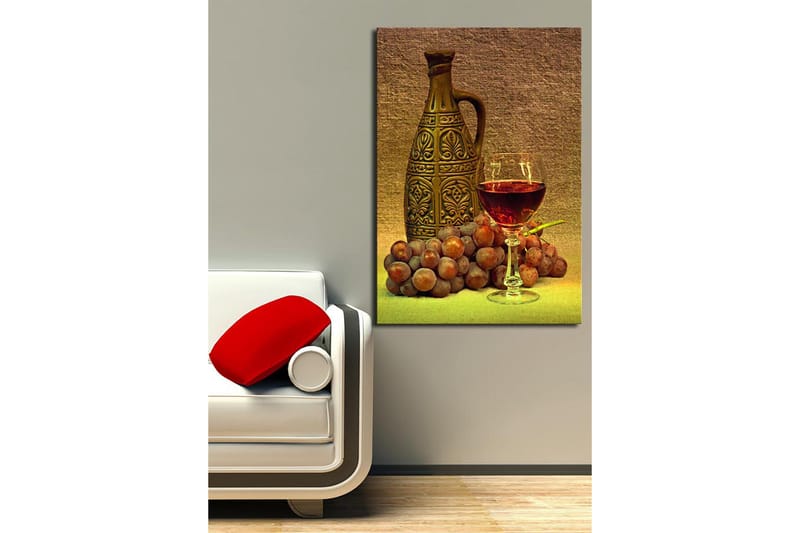 Lerretsbilde 70x100 cm - Rolig komposisjon med en dekorativ mugge, et glass vin og druer - Brun / Burgunder / Grå - Interiør - Maleri & posters - Lerretsbilder