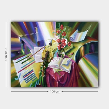 Lerretsbilde 70x100 cm - Rolig komposisjon med fiolin, blomster og noter som fremhever musikkens skjønnhet - Grønn / Rød / Lilla - Interiør - Maleri & posters - Lerretsbilder