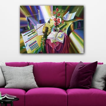 Lerretsbilde 70x100 cm - Rolig komposisjon med fiolin, blomster og noter som fremhever musikkens skjønnhet - Grønn / Rød / Lilla - Interiør - Maleri & posters - Lerretsbilder