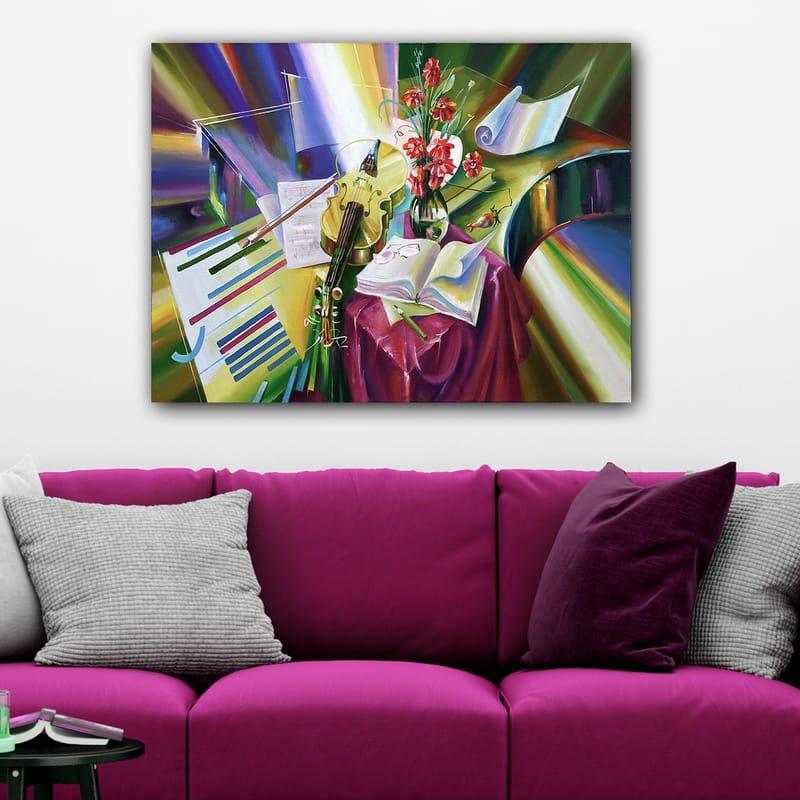 Lerretsbilde 70x100 cm - Rolig komposisjon med fiolin, blomster og noter som fremhever musikkens skjønnhet - Grønn / Rød / Lilla - Interiør - Maleri & posters - Lerretsbilder