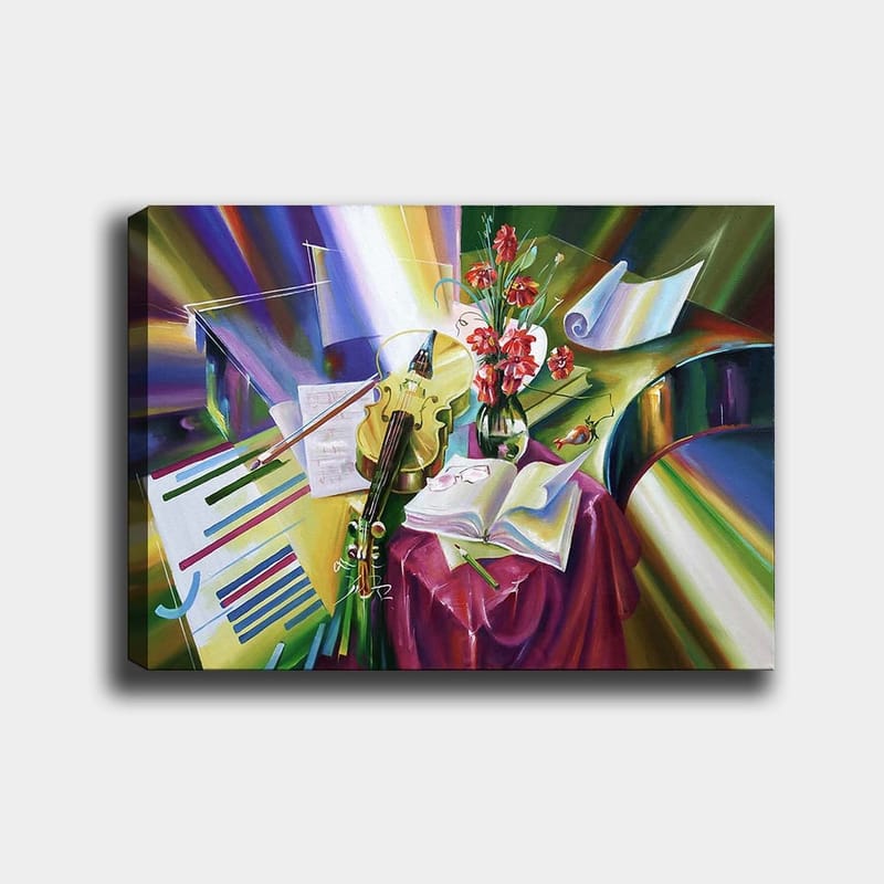 Lerretsbilde 70x100 cm - Rolig komposisjon med fiolin, blomster og noter som fremhever musikkens skjønnhet, Grønn / Rød / Lilla