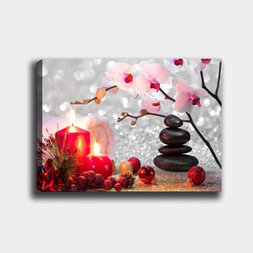 Lerretsbilde 70x100 cm - Rolig komposisjon med lyse orkideer, svarte steiner og røde lys som skaper en harmonisk atmosfære - Rosa / Rød / Svart - Interiør - Maleri & posters - Lerretsbilder