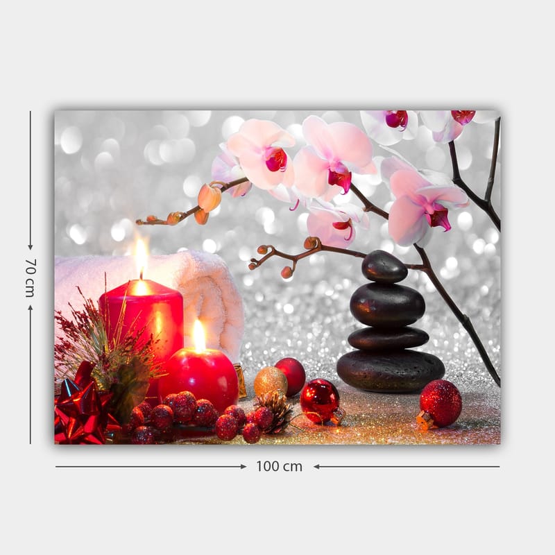 Lerretsbilde 70x100 cm - Rolig komposisjon med lyse orkideer, svarte steiner og røde lys som skaper en harmonisk atmosfære - Rosa / Rød / Svart - Interiør - Maleri & posters - Lerretsbilder