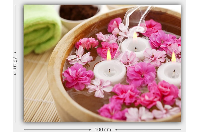 Lerretsbilde 70x100 cm - Rolig og avslappende bolle med flytende blomster og lys - Rosa / Hvit / Gul - Interiør - Maleri & posters - Lerretsbilder