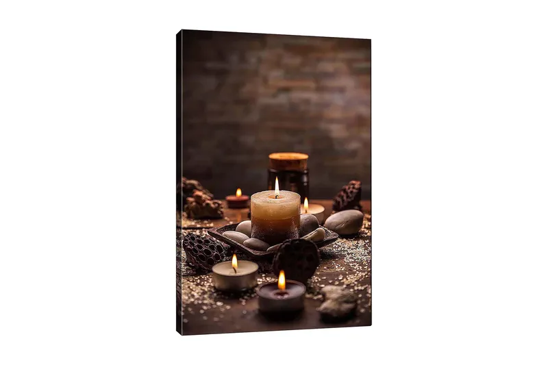 Lerretsbilde 70x100 cm - Rolig samling av stearinlys og steiner i et harmonisk arrangement, Beige / Brun / Grå
