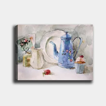 Lerretsbilde 70x100 cm - Rolig stilleben med en blå kaffekanne, et jordbær og en cupcake - Blå / Hvit / Rød - Interiør - Maleri & posters - Lerretsbilder