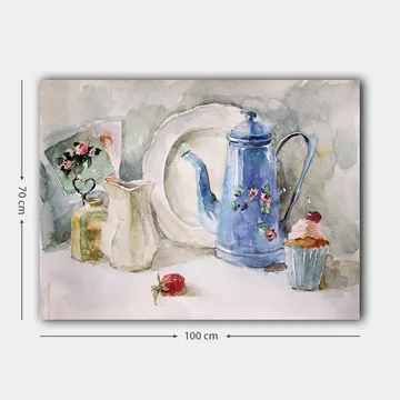 Lerretsbilde 70x100 cm - Rolig stilleben med en blå kaffekanne, et jordbær og en cupcake - Blå / Hvit / Rød - Interiør - Maleri & posters - Lerretsbilder