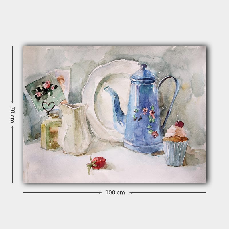 Lerretsbilde 70x100 cm - Rolig stilleben med en blå kaffekanne, et jordbær og en cupcake - Blå / Hvit / Rød - Interiør - Maleri & posters - Lerretsbilder