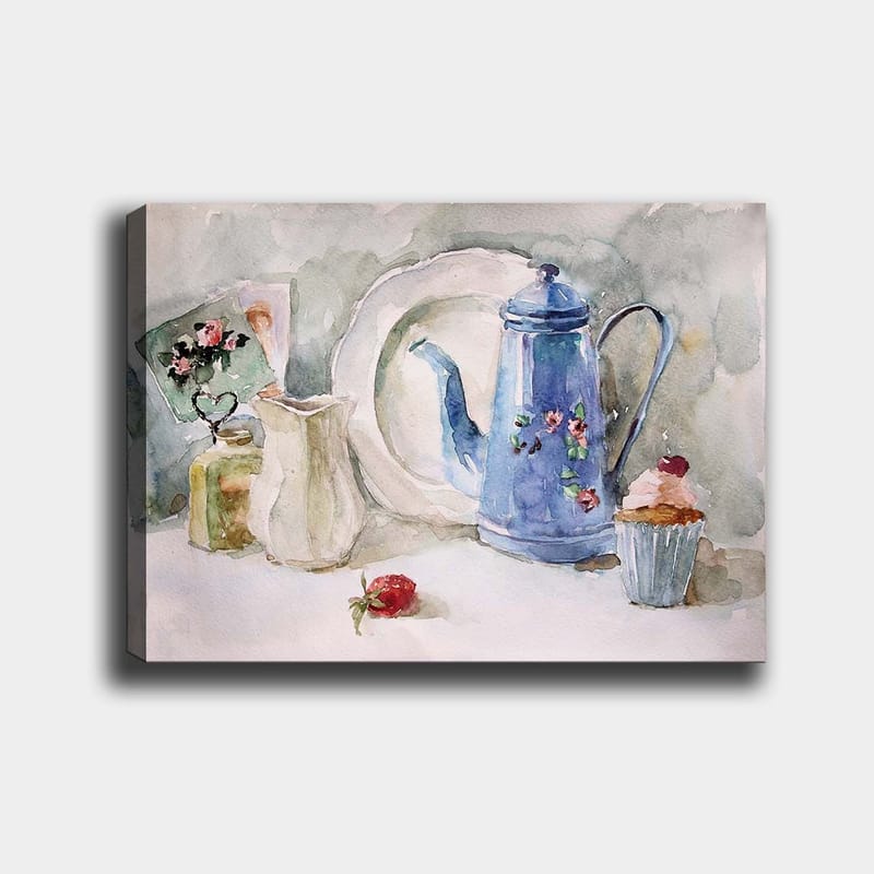 Lerretsbilde 70x100 cm - Rolig stilleben med en blå kaffekanne, et jordbær og en cupcake, Blå / Hvit / Rød