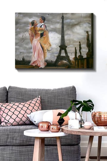 Lerretsbilde 70x100 cm - Romantisk dans mellom et par foran Eiffeltårnet i Paris - Rosa / Svart / Beige - Interiør - Maleri & posters - Lerretsbilder