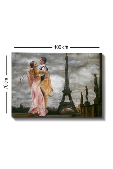 Lerretsbilde 70x100 cm - Romantisk dans mellom et par foran Eiffeltårnet i Paris - Rosa / Svart / Beige - Interiør - Maleri & posters - Lerretsbilder