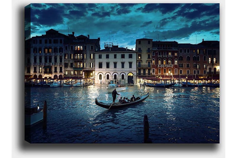 Lerretsbilde 70x100 cm - Romantisk gondoltur i Venezia i skumringen - Mørk blå / Lys blå / Gull - Interiør - Maleri & posters - Lerretsbilder