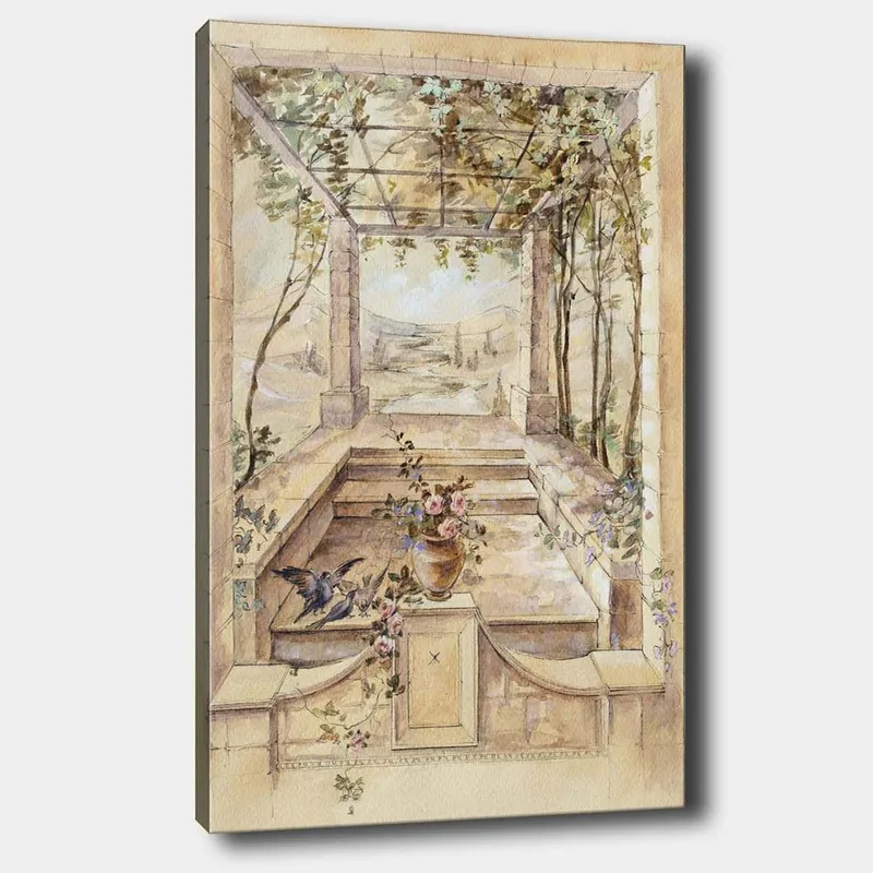 Lerretsbilde 70x100 cm - Romantisk hage med vakker utsikt og blomster i vase, Beige / Grønn / Rosa