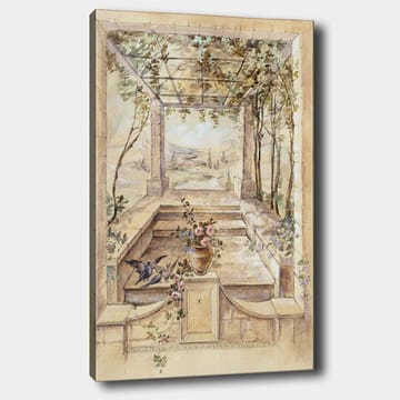 Lerretsbilde 70x100 cm - Romantisk hage med vakker utsikt og blomster i vase - Beige / Grønn / Rosa - Interiør - Maleri & posters - Lerretsbilder