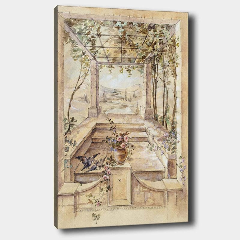 Lerretsbilde 70x100 cm - Romantisk hage med vakker utsikt og blomster i vase, Beige / Grønn / Rosa