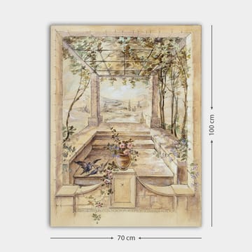 Lerretsbilde 70x100 cm - Romantisk hage med vakker utsikt og blomster i vase - Beige / Grønn / Rosa - Interiør - Maleri & posters - Lerretsbilder