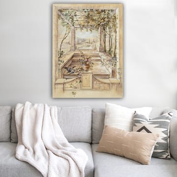 Lerretsbilde 70x100 cm - Romantisk hage med vakker utsikt og blomster i vase - Beige / Grønn / Rosa - Interiør - Maleri & posters - Lerretsbilder