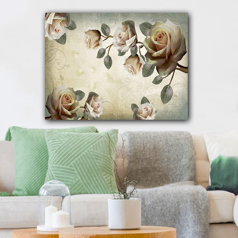 Lerretsbilde 70x100 cm - Romantisk komposisjon av roser i myke nyanser som symboliserer skjønnhet og kjærlighet - Lys rosa / Grønn / Beige - Interiør - Maleri & posters - Lerretsbilder