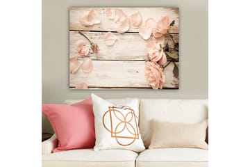 Lerretsbilde 70x100 cm - Romantisk komposisjon av roser og roseblader på en treflate - Lys rosa / Grønn - Interiør - Maleri & posters - Lerretsbilder