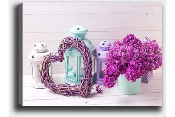 Lerretsbilde 70x100 cm - Romantisk komposisjon med et hjerte av kvister og en potte med lilla blomster - Lilla / Mintgrønn / Hvit - Interiør - Maleri & posters - Lerretsbilder