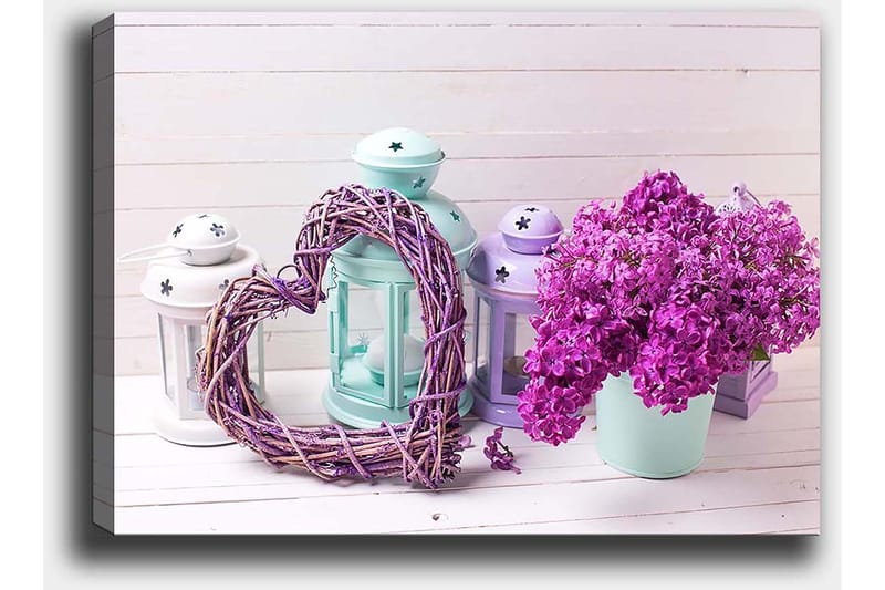 Lerretsbilde 70x100 cm - Romantisk komposisjon med et hjerte av kvister og en potte med lilla blomster - Lilla / Mintgrønn / Hvit - Interiør - Maleri & posters - Lerretsbilder