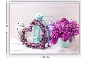 Lerretsbilde 70x100 cm - Romantisk komposisjon med et hjerte av kvister og en potte med lilla blomster - Lilla / Mintgrønn / Hvit - Interiør - Maleri & posters - Lerretsbilder