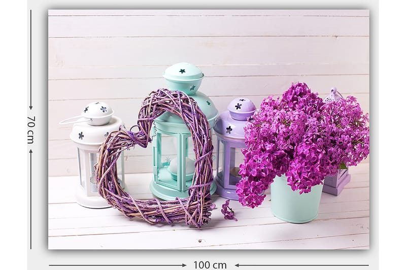 Lerretsbilde 70x100 cm - Romantisk komposisjon med et hjerte av kvister og en potte med lilla blomster - Lilla / Mintgrønn / Hvit - Interiør - Maleri & posters - Lerretsbilder