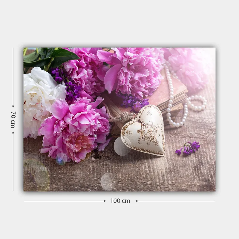 Lerretsbilde 70x100 cm - Romantisk komposisjon med rosa peoner og et dekorativt hjerte i fokus - Rosa / Hvit / Lilla - Interiør - Maleri & posters - Lerretsbilder