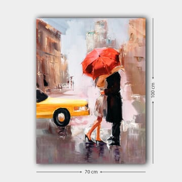 Lerretsbilde 70x100 cm - Romantisk kyss under en rød paraply i urbane omgivelser - Rød / Svart / Gul - Interiør - Maleri & posters - Lerretsbilder