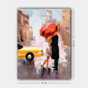 Lerretsbilde 70x100 cm - Romantisk kyss under en rød paraply i urbane omgivelser - Rød / Svart / Gul - Interiør - Maleri & posters - Lerretsbilder