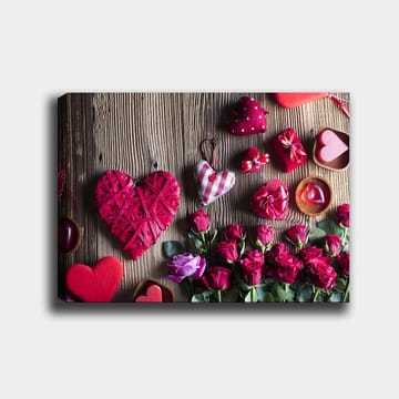 Lerretsbilde 70x100 cm - Romantisk samling av hjerteformede dekorasjoner og roser - Rød / Grønn / Rosa - Interiør - Maleri & posters - Lerretsbilder