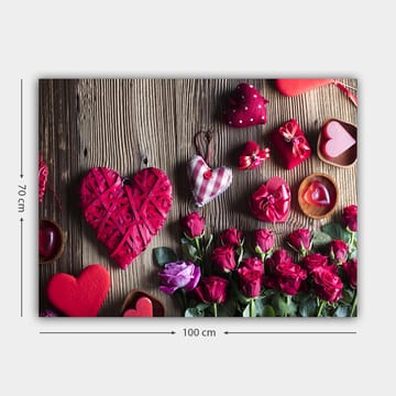 Lerretsbilde 70x100 cm - Romantisk samling av hjerteformede dekorasjoner og roser - Rød / Grønn / Rosa - Interiør - Maleri & posters - Lerretsbilder