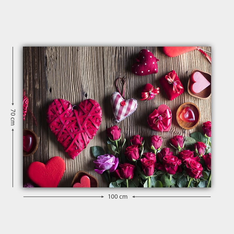 Lerretsbilde 70x100 cm - Romantisk samling av hjerteformede dekorasjoner og roser - Rød / Grønn / Rosa - Interiør - Maleri & posters - Lerretsbilder