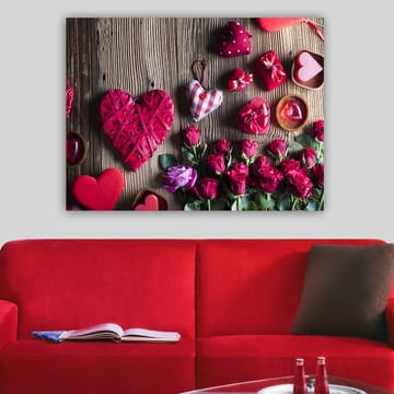 Lerretsbilde 70x100 cm - Romantisk samling av hjerteformede dekorasjoner og roser - Rød / Grønn / Rosa - Interiør - Maleri & posters - Lerretsbilder