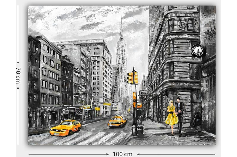 Lerretsbilde 70x100 cm - Romantisk scene av et par som går på en travel gate i New York, omgitt av klassiske bygninger og gule drosjer - Gul / Svart / Grå - Interiør - Maleri & posters - Lerretsbilder
