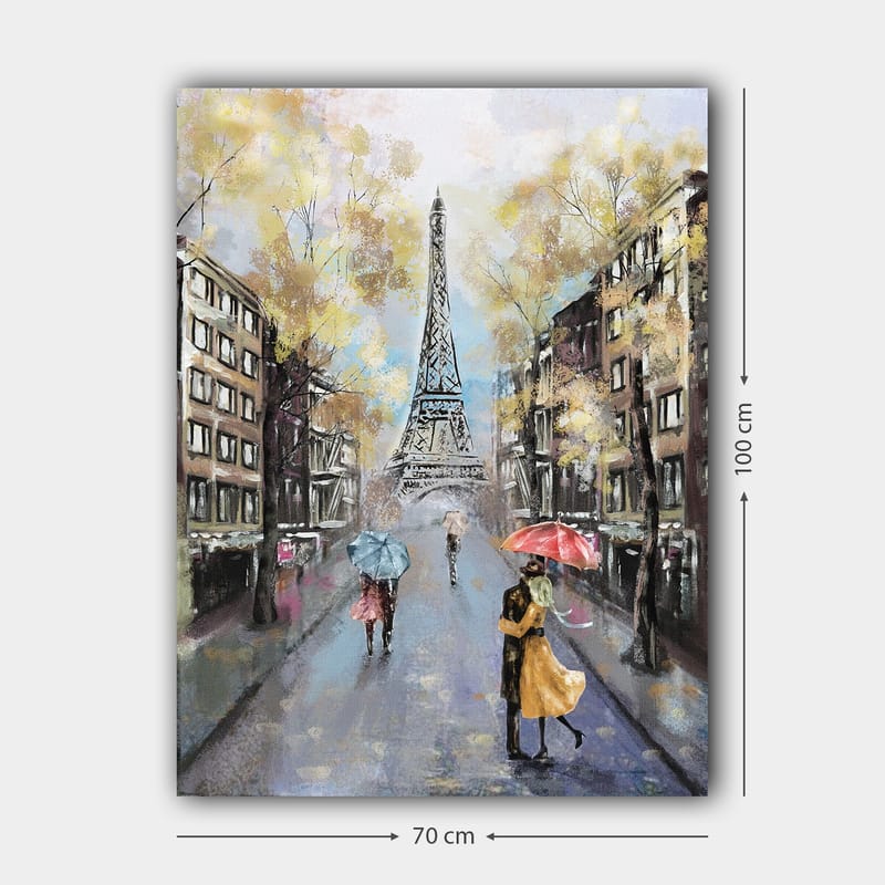 Lerretsbilde 70x100 cm - Romantisk scene med et par som danser under parasoller foran Eiffeltårnet i Paris - Gull / Blå / Rød - Interiør - Maleri & posters - Lerretsbilder