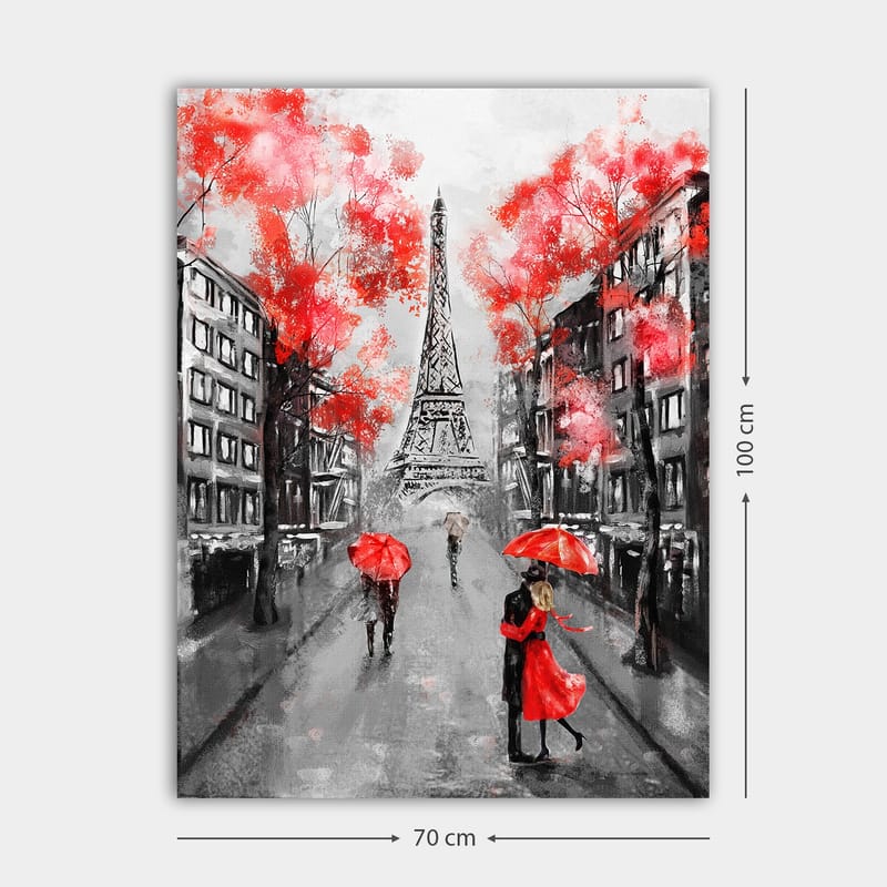 Lerretsbilde 70x100 cm - Romantisk scene med et par som danser under en rød paraply foran Eiffeltårnet i Paris - Rød / Svart / Grå - Interiør - Maleri & posters - Lerretsbilder