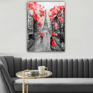 Lerretsbilde 70x100 cm - Romantisk scene med et par som danser under en rød paraply foran Eiffeltårnet i Paris - Rød / Svart / Grå - Interiør - Maleri & posters - Lerretsbilder