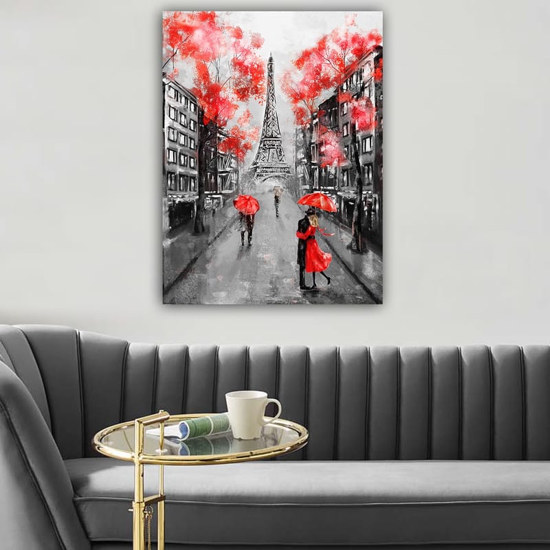 Lerretsbilde 70x100 cm - Romantisk scene med et par som danser under en rød paraply foran Eiffeltårnet i Paris - Rød / Svart / Grå - Interiør - Maleri & posters - Lerretsbilder