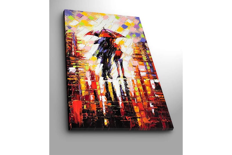 Lerretsbilde 70x100 cm - Romantisk scene med to personer som deler en paraply i et regnfullt bymiljø - Rød / Svart / Oransje - Interiør - Maleri & posters - Lerretsbilder
