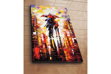 Lerretsbilde 70x100 cm - Romantisk scene med to personer som deler en paraply i et regnfullt bymiljø - Rød / Svart / Oransje - Interiør - Maleri & posters - Lerretsbilder