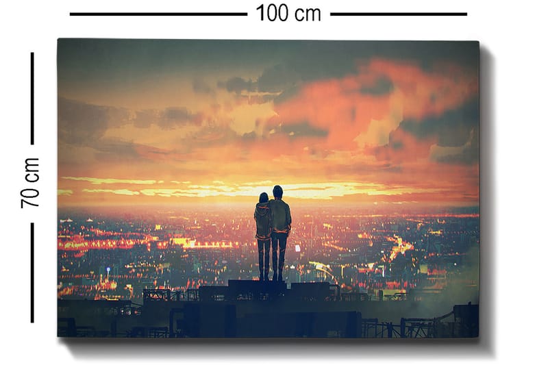 Lerretsbilde 70x100 cm - Romantisk silhuett av et par som står sammen og beundrer en solnedgang over en by - Oransje / Blå / Svart - Interiør - Maleri & posters - Lerretsbilder